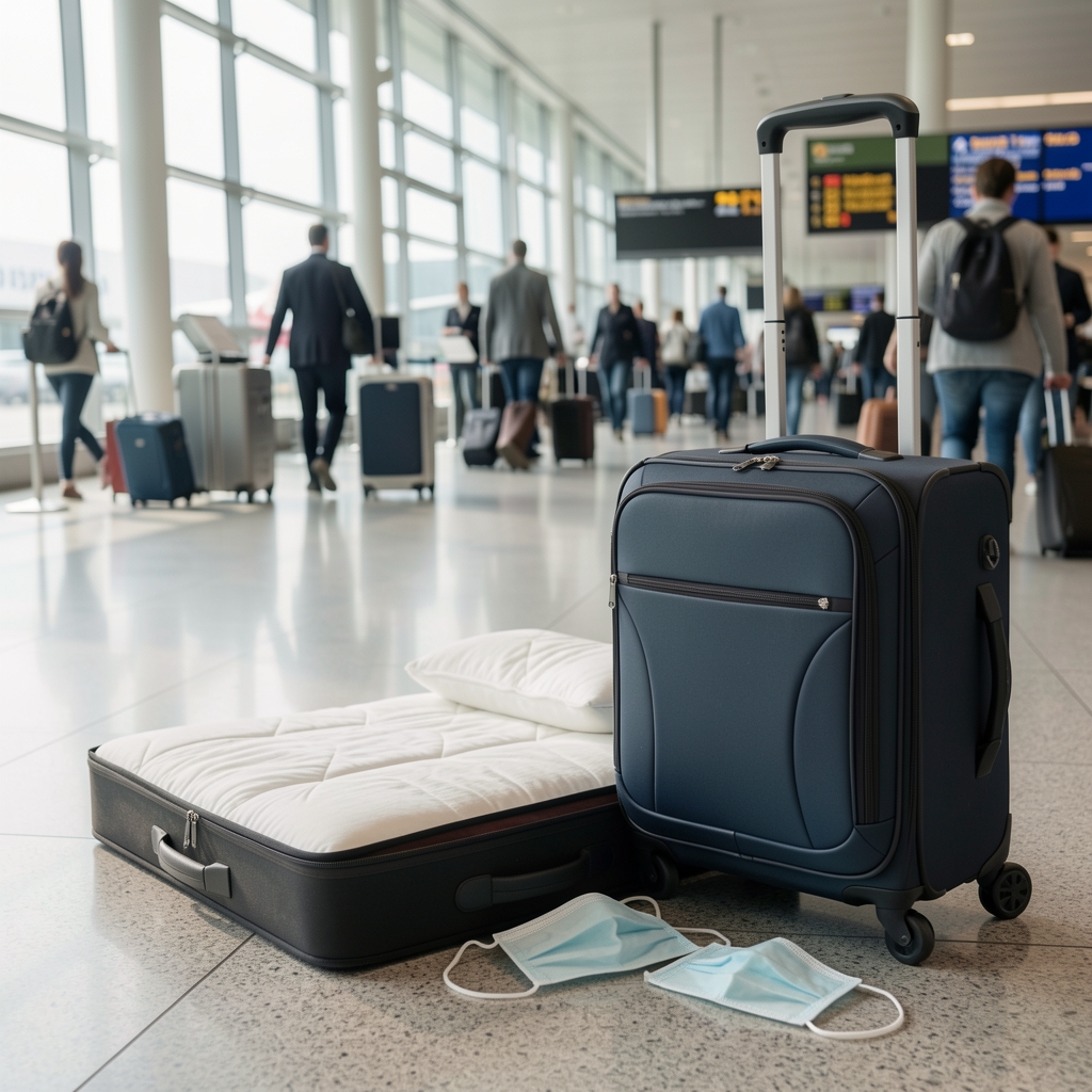 Pernă de călătorie ergonomică și mască de dormit lângă o geantă de aeroport